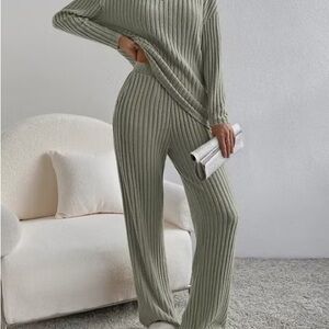 Ribbed Knit Wide-Leg Pants — Sage Green